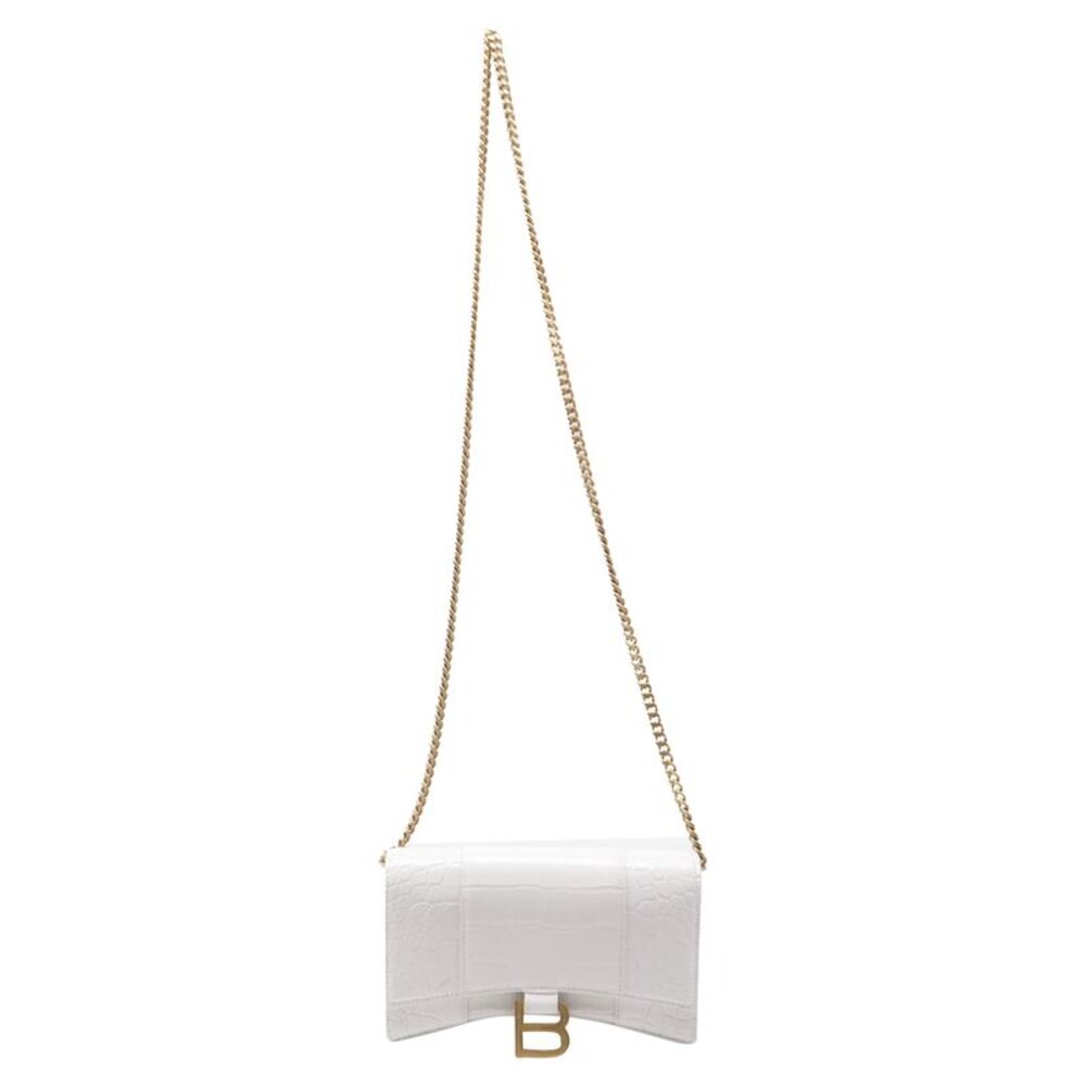 Balenciaga Hourglass Croc-Embossed Wallet on Chain Bag in White Leather